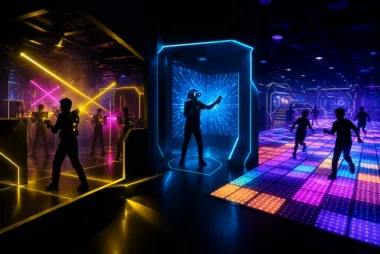Lasertag, Lightjumper und VR in einer Halle (KI-Bild)